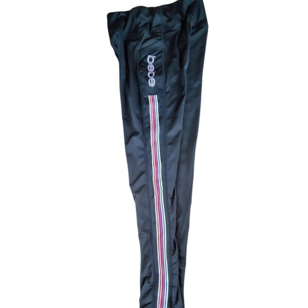 Bebe Sport Womens‎ Black Rainbow Stripe Logo High Waist Leggings Pockets M